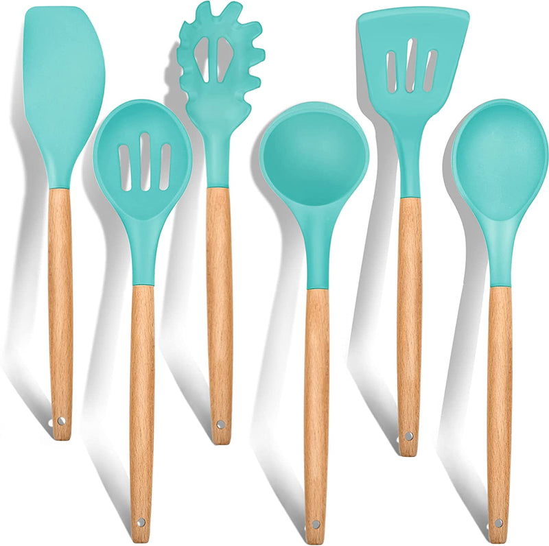 Cooking Utensils Set of 6, E-Far Silicone Kitchen Utensils with Wooden Handle, Non-Stick Cookware Friendly & Heat Resistant, Includes Spatula/Ladle/Slotted Turner/Serving Spoon/Spaghetti Server(Black) Home & Garden > Kitchen & Dining > Kitchen Tools & Utensils E-far Turquoise 6 