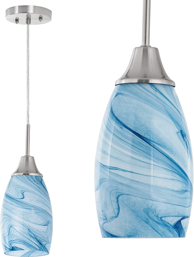 Mini Glass Pendant Light with Handblown Blue Marble Art Glass Shade Adjustable Cord Modern Oval Lamp Ceiling Pendant Light Fixture for Dining Room, Kitchen,Foyer, Hallway, Brushed Nickel Finish