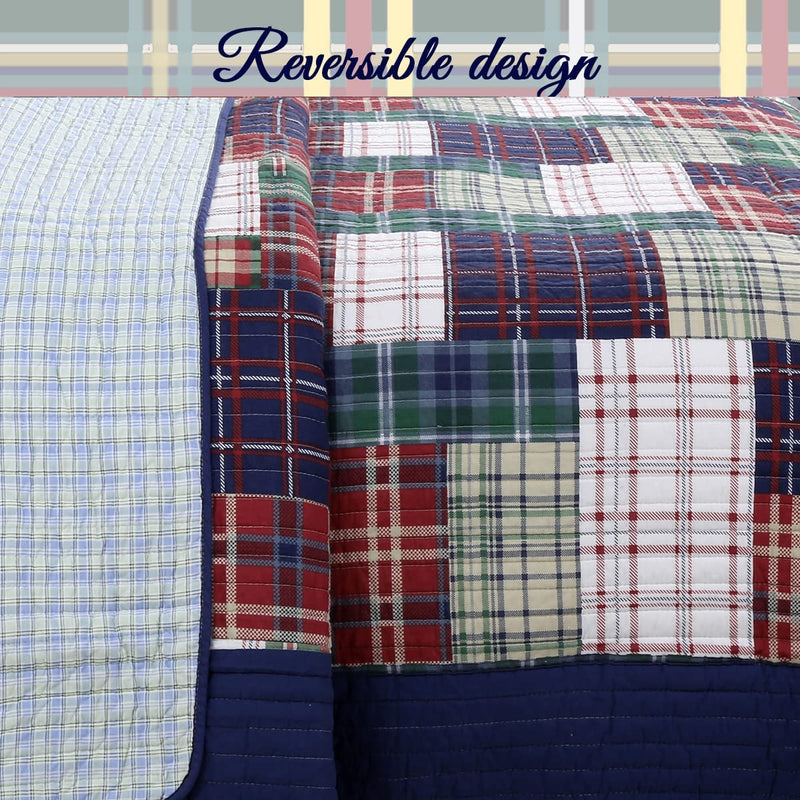 Cozy Line Home Fashions Nate Patchwork Navy/Blue/Green/Red Plaid Cotton Quilt Bedding Set, Reversible Coverlet,Bedspread for Boy/Men/Him (England Patchwork, Queen - 3 Piece) Home & Garden > Linens & Bedding > Bedding Cozy Line Home Fashions   