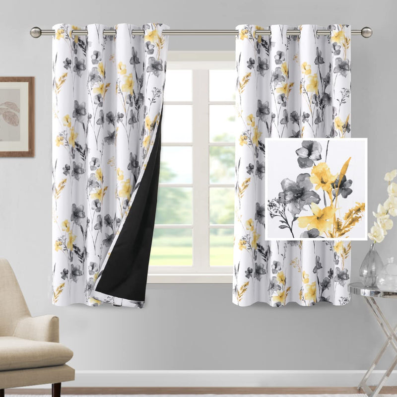H.VERSAILTEX 100% Blackout Curtains 84 Inch Length 2 Panels Set Cattleya Floral Printed Drapes Leah Floral Thermal Curtains for Bedroom with Black Liner Sound Proof Curtains, Navy and Taupe Home & Garden > Decor > Window Treatments > Curtains & Drapes H.VERSAILTEX Grey/Yellow 52"W x 63"L 