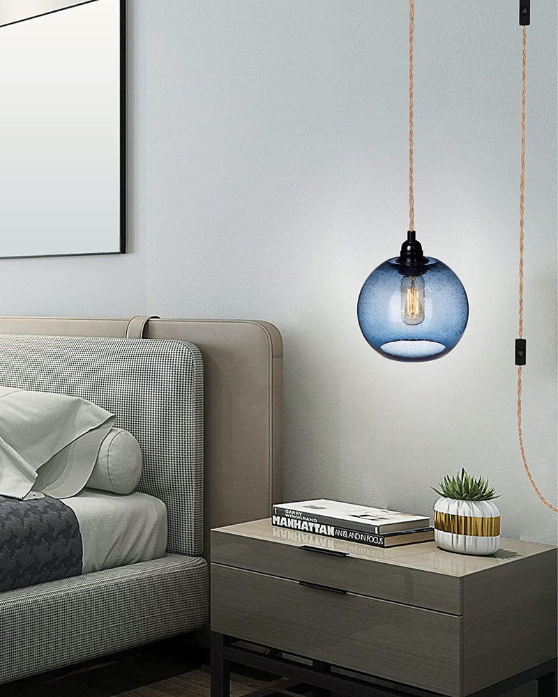 ARIAMOTION Plug in Pendant Lights with Cord Blue Glass Hanging Lighting 15 Ft Hemp Rope Seeded Bubble Globe 7.4" Diam 2-Pack