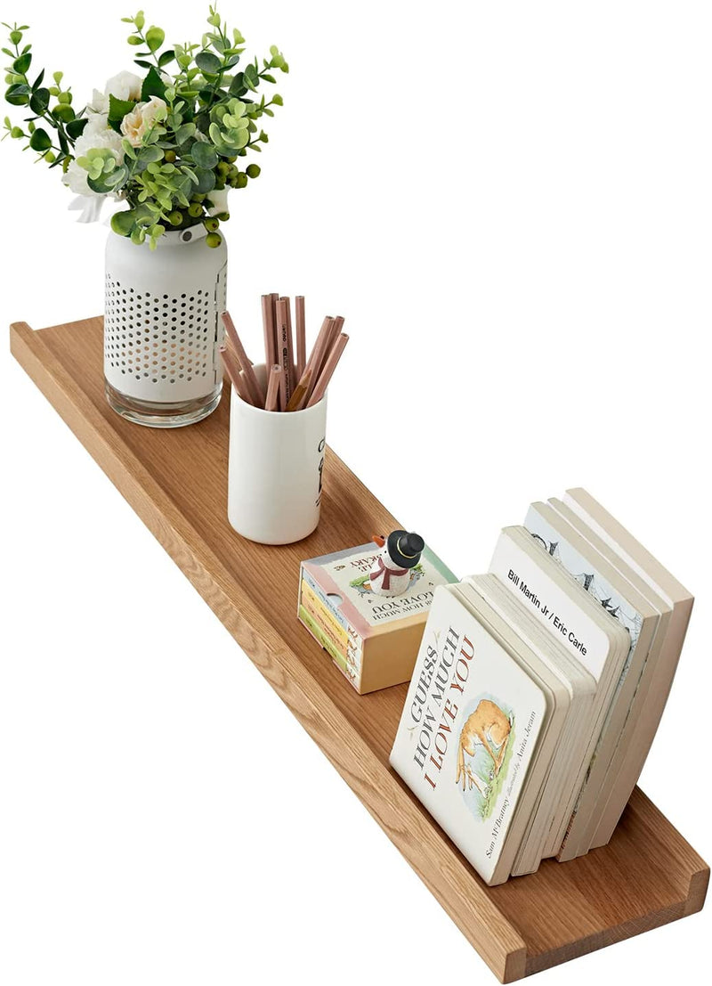 Oak Floating Shelves Natural Wood Wall Mounted Display Picture Ledge Wall Shelf for Home Office Living Room Bedroom Wall Storage Shelf 4X12 Inch Furniture > Shelving > Wall Shelves & Ledges TREOAKWIS 4X32 inch  