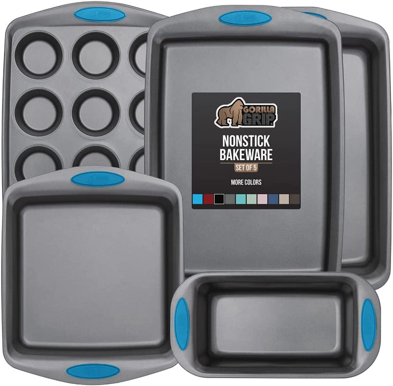 Gorilla Grip Nonstick, Heavy Duty, Carbon Steel Bakeware Sets, 4 Piece Kitchen Baking Set, Rust Resistant, Silicone Handles, 2 Large Cookie Sheets, 1 Roasting Pan and 1 Bread Loaf Pan, Turquoise Home & Garden > Kitchen & Dining > Cookware & Bakeware Hills Point Industries, LLC Aqua Bakeware Sets Set of 5