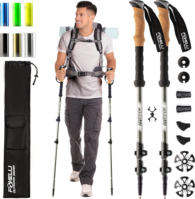 Foxelli Trekking Poles – 2-Pc Pack Collapsible Lightweight Hiking Poles, Strong Aircraft Aluminum Adjustable Walking Sticks with Natural Cork Grips and 4 Season All Terrain Accessories Sporting Goods > Outdoor Recreation > Winter Sports & Activities Foxelli Grey  