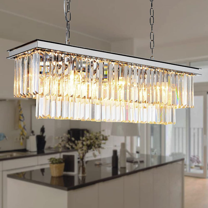Meelighting L39.4" W10.2" Gold Rectangle Modern Crystal Chandeliers Lighting Pendant Ceiling Lights Fixture Lamp for Dining Living Room Home & Garden > Lighting > Lighting Fixtures > Chandeliers MEELIGHTING L39.4" Chrome Rectangle  