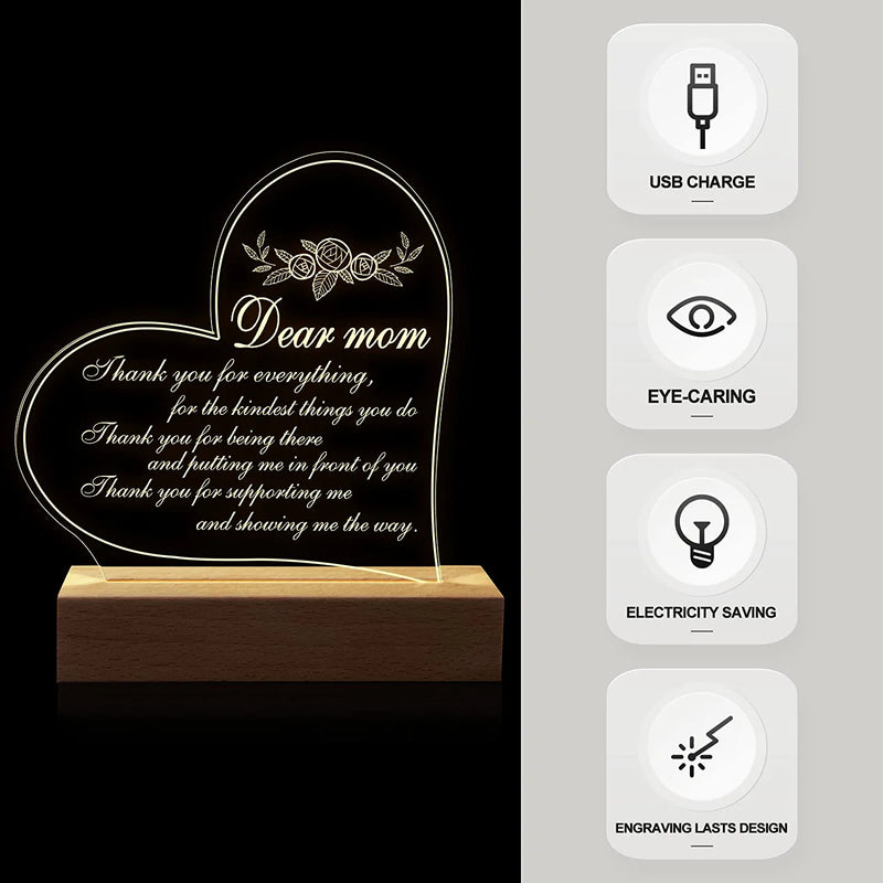 SOUHONEY Gifts for Mom from Daughter Son 5.9 Inch Engraved Acrylic Night Lights USB Low Power Night Lamps for Birthday Mother'S Day Mom Gifts Anniversary Christmas