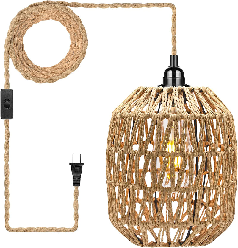 Plug in Hanging Light Fixture, 15FT Pendant Lamp Lights Cord with Switch Cord E26 Bulbs Socket, Industrial DIY Twisted Hemp Rope Overhead Lamps for Farmhouse Bedroom Home Lighting Decors Home & Garden > Lighting > Lighting Fixtures HURYEE Cylindrical  