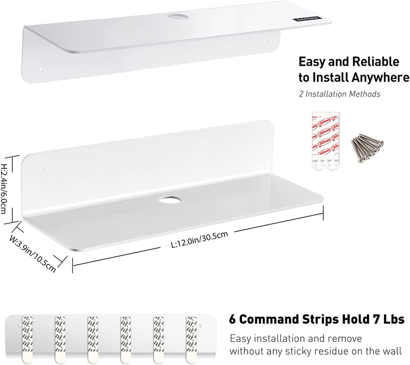 OAPRIRE Floating Shelves White Set of 2 - Damage Free Expand Wall Space - 12 Inch Command Shelf for Bedroom, Bathroom, Kitchen, Living Room, Small Acrylic Wall Shelves with Cable Clips Furniture > Shelving > Wall Shelves & Ledges OAPRIRE   