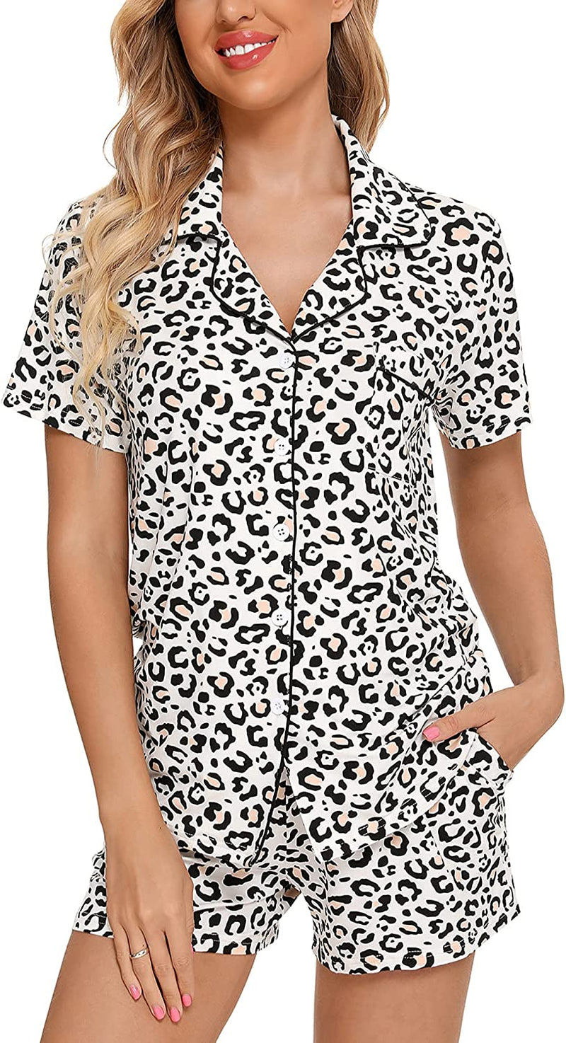 Samring Women'S Button down Pajama Set V-Neck Short Sleeve Sleepwear Soft Pj Sets S-XXL  Samring B Style Pants With Pockets-leopard Print 2 Small 
