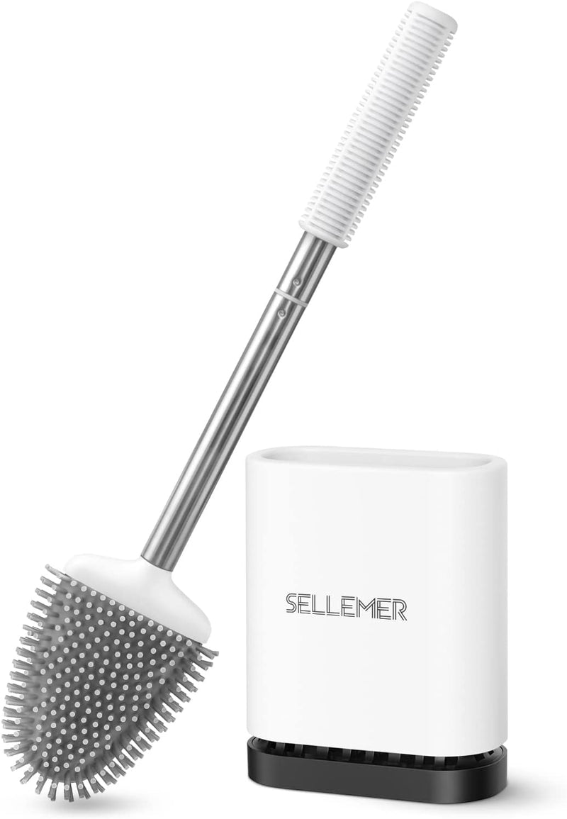 Sellemer Toilet Brush and Holder 2 Pack for Bathroom, Flexible Toilet Bowl Brush Head with Silicone Bristles, Compact Size for Storage and Organization, Ventilation Slots Base (White)