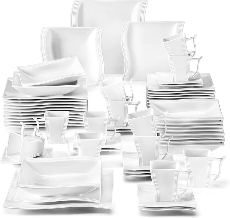 MALACASA Dinnerware Sets, 30 Piece Marble Grey Square Plates and Bowls Sets, Porcelain Dinner Set with Dishes, Plates Set, Cups and Saucers, Modern Dish Set for 6, Series Flora