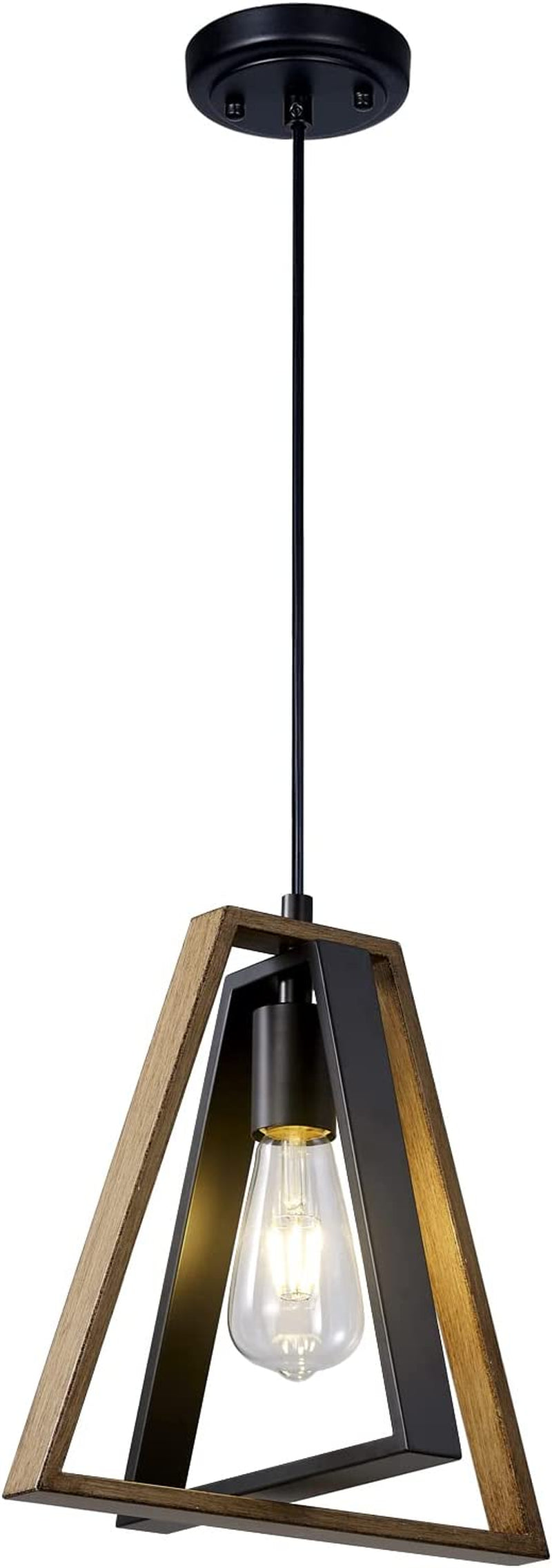1-Light Adjustable Pendant Light, Farmhouse Pendant Lighting for Kitchen Island, Black and Wood Painted Rustic Hanging Light Fixtures for Dining Room, Hallway, Entryway, Bar, Porch, Cafe