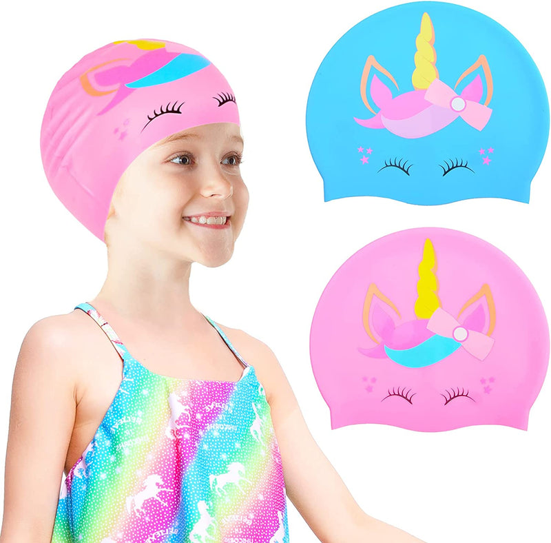 Sylfairy 2 Pcs Kids Swim Cap Silicone Swimming Cap for Boys Girls (Age 2-6) Cover Ears Waterproof Bathing Cap Keep Hair Dry Swimming Hat for Hair Sporting Goods > Outdoor Recreation > Boating & Water Sports > Swimming > Swim Caps Sylfairy Unicorn 2-6 Years 