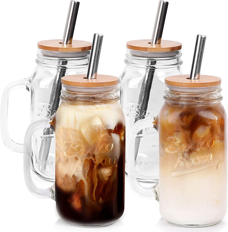 Mason Jar with Lid and Straw, ANOTION 32Oz Wide Mouth Boba Cup Reusable Drinking Glasses Tumbler Smoothie Water Bottles for Iced Coffee Margaritas Ice Cream Juice Cocktail Travel Office Home Home & Garden > Kitchen & Dining > Tableware > Drinkware ANOTION 4 24OZ Jars with Handle: Bamboo Lid+Silver Straw  