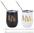 Mr and Mrs Tumblers Bridal Shower Idea for Bride and Groom, 12 Oz Wine Tumbler Wedding Idea for Newlyweds Couples Bride to Be Engagement Honeymoon, Insulated Mr Mrs Wine Tumbler Set, Set of 2 Home & Garden > Kitchen & Dining > Tableware > Drinkware GINGPROUS Black 2 and Gold  