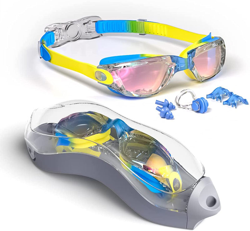Hurdilen Kids Swim Goggles, Swimming Goggles for Kids with Nose Clip, Earplugs Sporting Goods > Outdoor Recreation > Boating & Water Sports > Swimming > Swim Goggles & Masks Hurdilen Blue & Yellow  