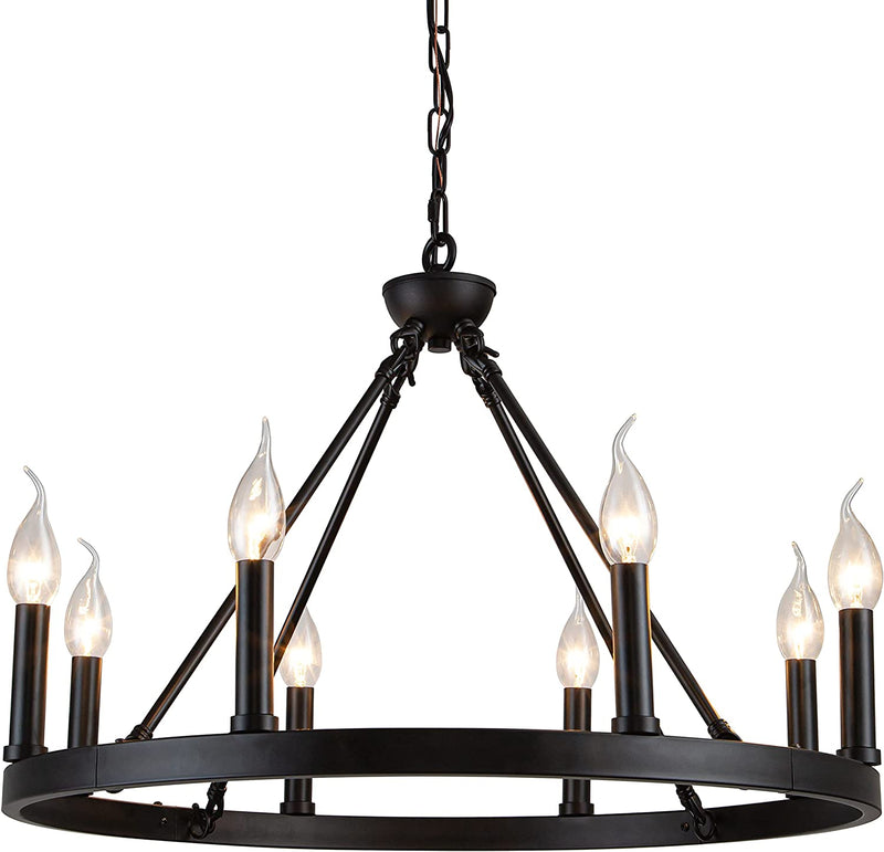 Psyverii 8-Light Candle Style Black Wagon Wheel Chandelier, Retro Farmhouse Country Style Industrial round Pendant Light Fixture for Living Room, Dining Room, Foyer, Kitchen Island, Entryway Home & Garden > Lighting > Lighting Fixtures > Chandeliers Psyverii   