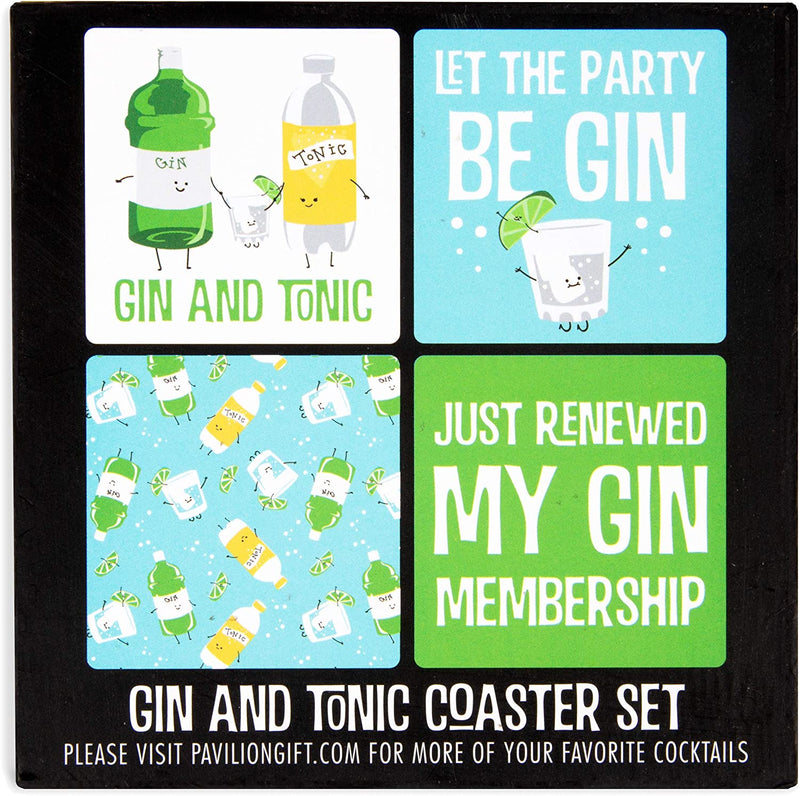 Pavilion Gift Company Gin & Tonic Sentiment, Pattern and Character Holder 4" (4 Piece) Coaster Set with Box, 4 Inch Square, Multicolor Home & Garden > Kitchen & Dining > Barware Pavilion Gift Company   