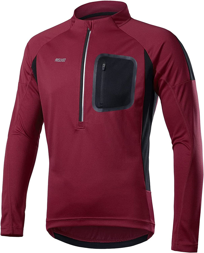ARSUXEO Pullover Cycling Jersey Mens Long Sleeves Mountain Bike Shirt Biking Clothing 4 Pockets Sporting Goods > Outdoor Recreation > Cycling > Cycling Apparel & Accessories ARSUXEO Dark Red Small 