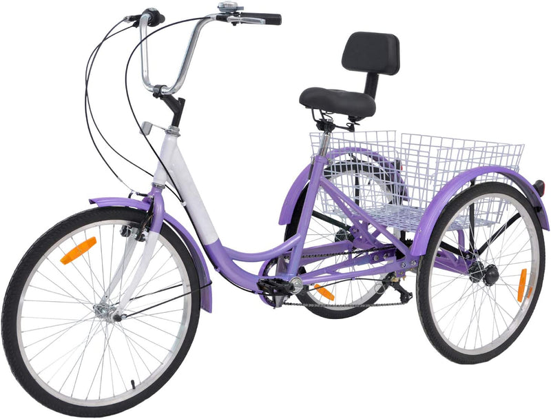 H&ZT Tricycle for Adults, 3 Wheeled Bikes for Adults，Trike Cruiser Bike, W/Large Basket & Maintenance Tools & Shimano Derailleur & Parking Brake Handle Sporting Goods > Outdoor Recreation > Cycling > Bicycles H&ZT PURPLE 14" Single 