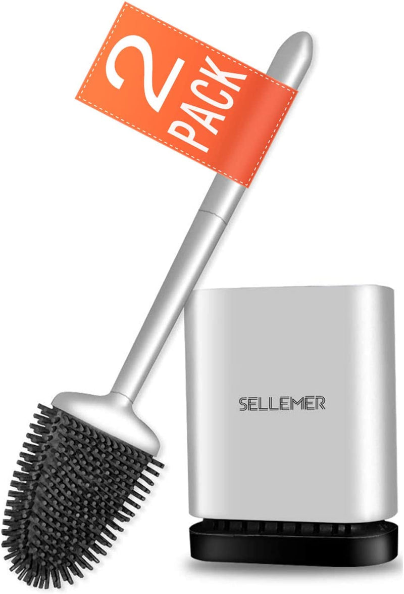 Sellemer Toilet Brush and Holder 2 Pack for Bathroom, Flexible Toilet Bowl Brush Head with Silicone Bristles, Compact Size for Storage and Organization, Ventilation Slots Base (White) Home & Garden > Household Supplies > Storage & Organization Sellemer Silver 2 PACK 