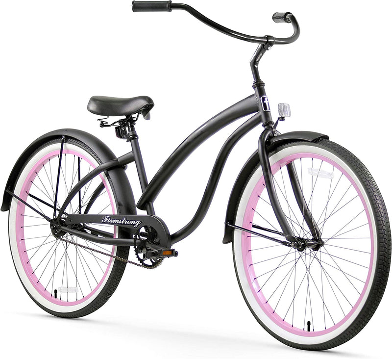 Firmstrong Bella Classic Single Speed Beach Cruiser Bicycle Sporting Goods > Outdoor Recreation > Cycling > Bicycles Firmstrong Matte Black/Pink Rims 26" / 1-Speed 