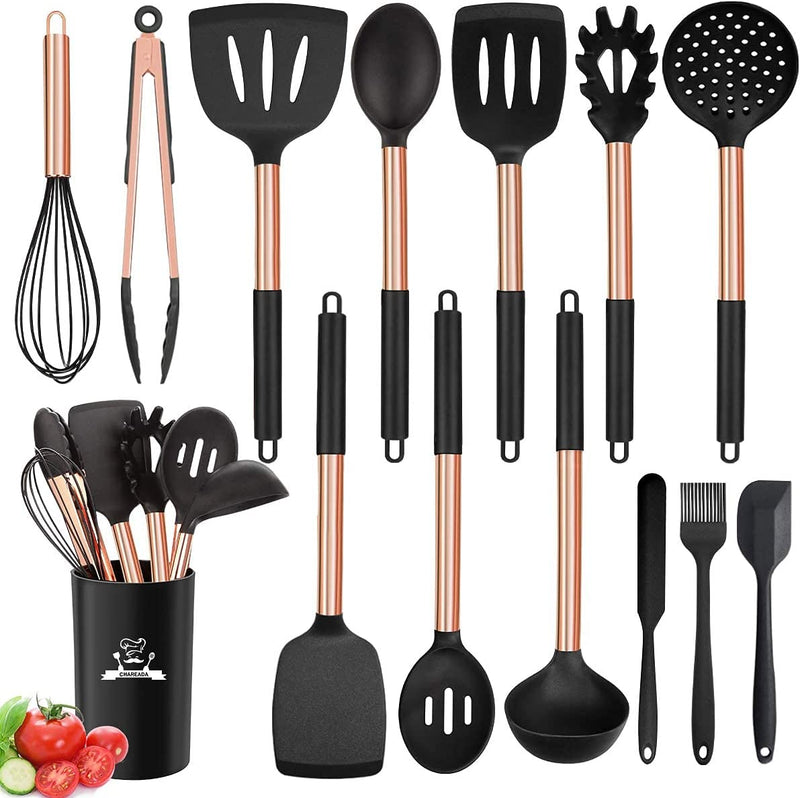 Silicone Cooking Utensil Set, 14Pcs Kitchen Utensils Set Non-Stick Heat Resistant Cookware Copper Stainless Steel Handle Cooking Tools Turner Tongs Spatula Spoon - BPA Free, Non Toxic Home & Garden > Kitchen & Dining > Kitchen Tools & Utensils CHAREADA Gold  