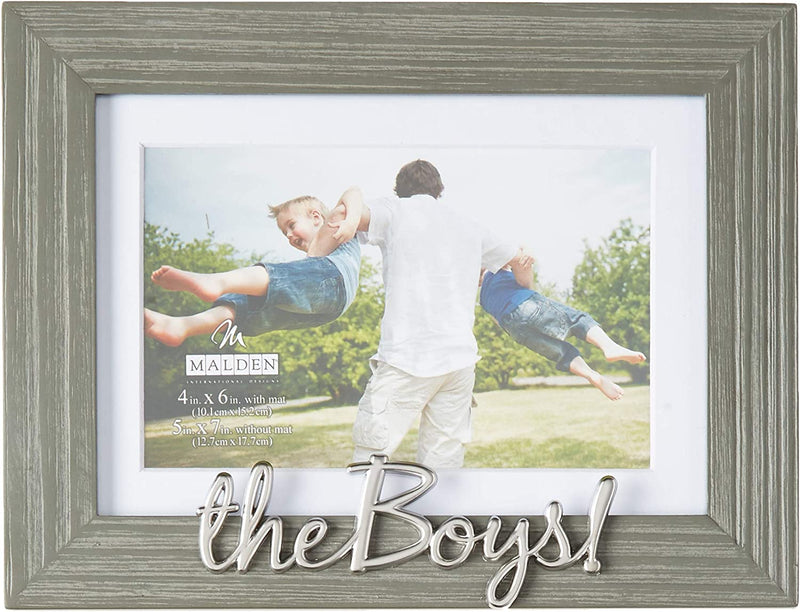 Malden International Designs 4X6 or 5X7 the Boys! Distressed Expressions Picture Frame Silver Finish the Boys! Word Attachment Gray Textured Wood Grain Finish MDF Frame White Beveled Mat