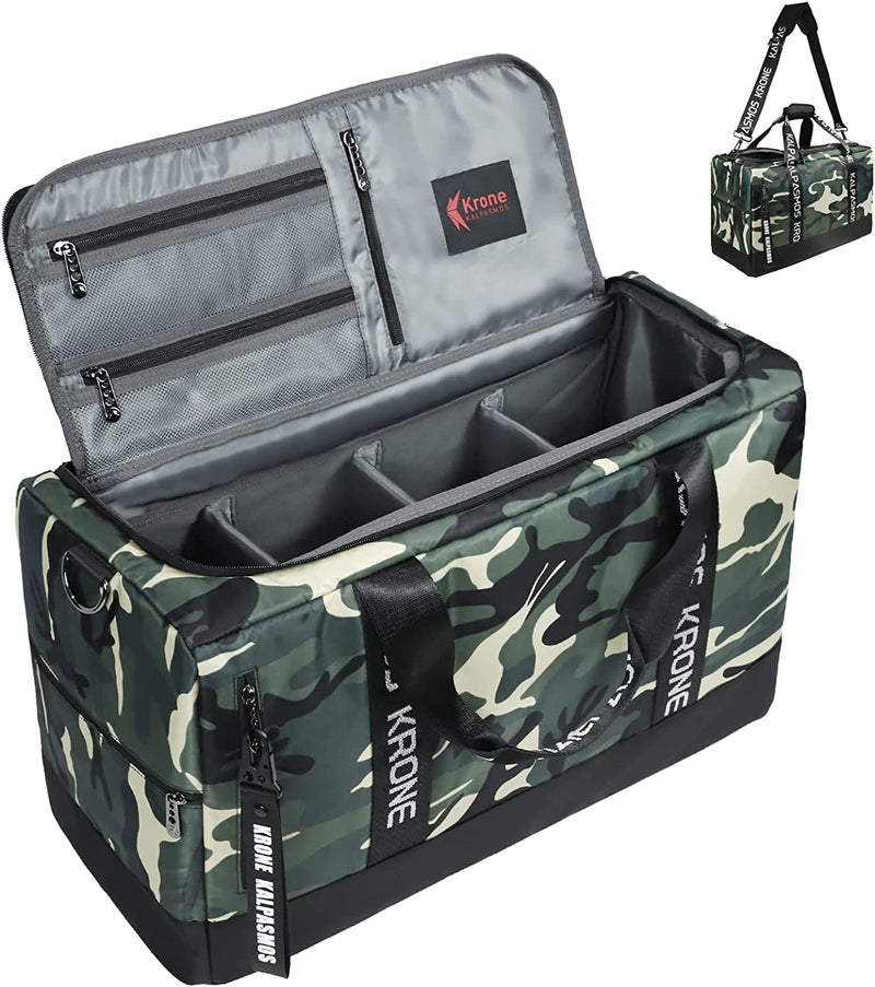 Krone Kalpasmos Sneaker Bag for Travel /Sneakerhead Gift /Outdoor Sports Bag /, a Multi-Functional Travel Duffel Bag with 3 Adjustable Dividers, & Shoulder Strap-Green Camo