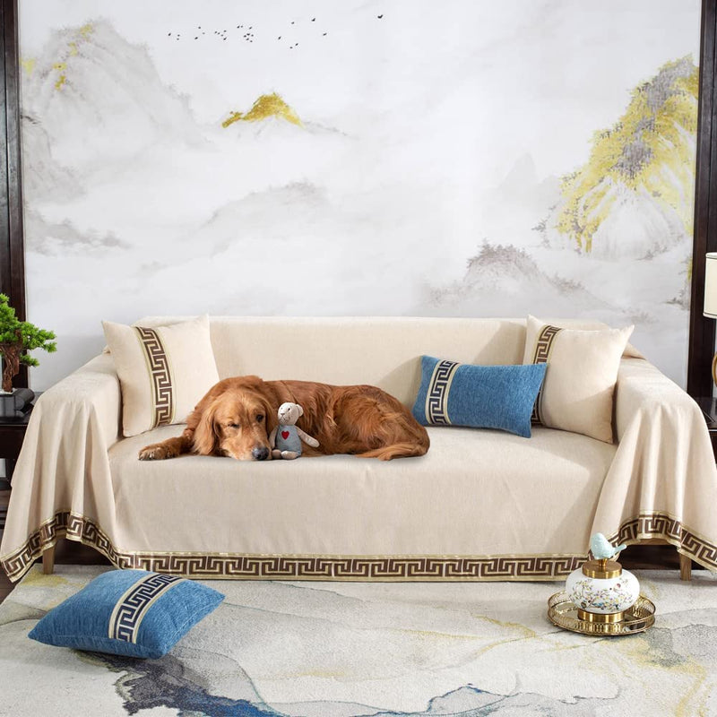 STACYPIK Soft Sofa Slipcover Chenille Sectional Couch Covers for Dogs,Couch Cover for 3 Cushion Couch,Durable Machine Washable Sofa Throw Cover Furniture Protector with Jacquard Bottom for Kids Pets Home & Garden > Decor > Chair & Sofa Cushions STACYPIK Beige Large Size(71" X118") 