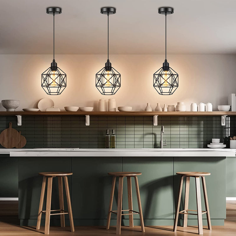 Industrial Pendant Lighting 3 Pack, Adjustable Hanging Light Fixtures with Geometric Black Metal Shade, Farmhouse Pendant Light Ceiling Lamp for Kitchen Island, Dining Room, Bedroom