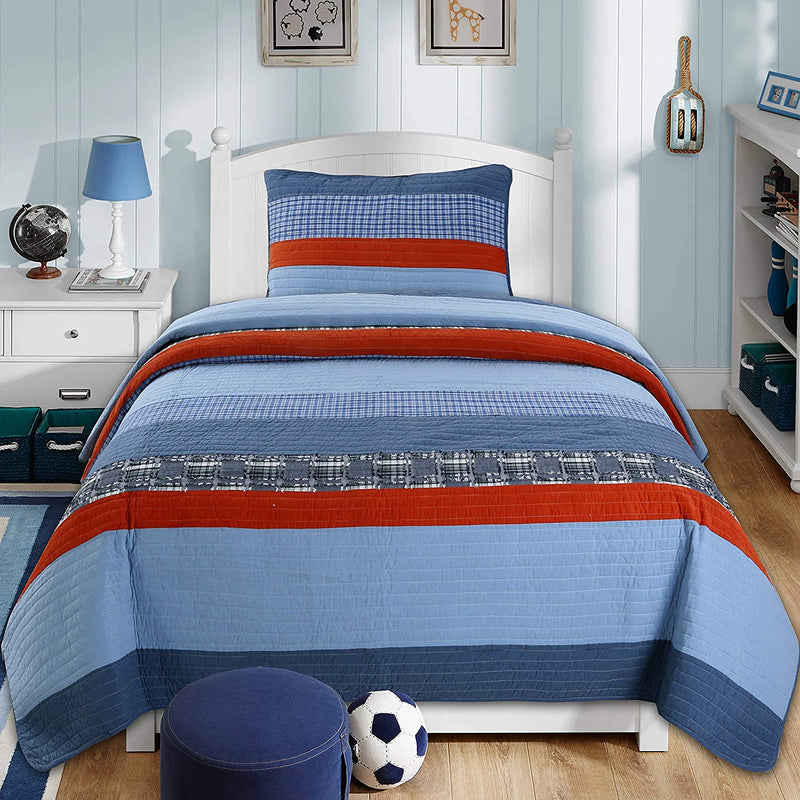 Cozy Line Home Fashions Benjamin Cute Dinosaur Plaid Printed Pattern Navy Blue White Grey Bedding Quilt Set 100% Cotton Reversible Coverlet Bedspread Set for Kids Boy (Queen - 3 Piece) Home & Garden > Linens & Bedding > Bedding Cozy Line Home Fashions Navy/Red-cotton Twin 