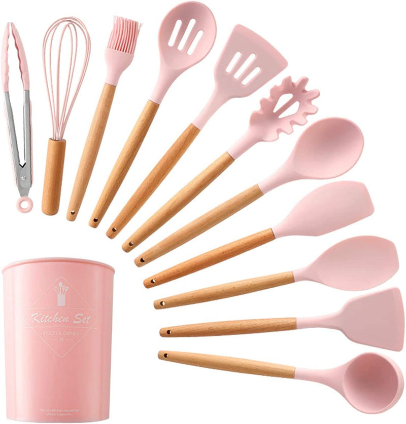 MYWAYCOOK Silicone Cooking Utensil Set, 12 Pcs Non-Stick Silicone Cooking Kitchen Utensils Spatula Set with Holder Wooden Handles Tongs Spoon Kitchen Gadgets Tools for Nonstick Cookware (Pink) Home & Garden > Kitchen & Dining > Kitchen Tools & Utensils MYWAYCOOK   