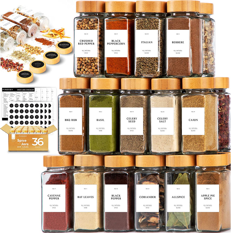 Spice Jars with Label Bamboo Lid, 36 Seasoning Organizer Spices and Seasonings Sets Spice Containers with Labels Seasoning Jars 4Oz Empty Glass Spice Jars with Shaker Lids Spice Storage Kitchen Jars Home & Garden > Decor > Decorative Jars FINESSY   