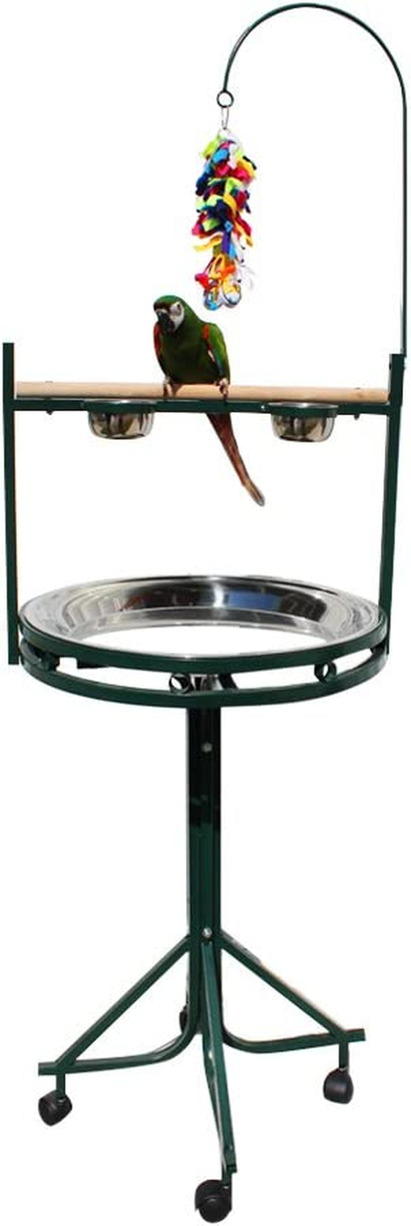 Birds LOVE Stainless Steel Tray, Non-Toxic, Powder Coated Parrot Playstand with Perch, Toy Hook and Stainless Steel Cups (Green) Animals & Pet Supplies > Pet Supplies > Bird Supplies Birds LOVE   