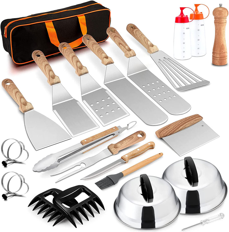Joyfair 24Pcs Griddle Accessories Kit, Stainless Steel BBQ Spatulas Set with Melting Dome, Professional Grill Accessory in Storage Bag, Great for Outdoor Camping Flat Top Teppanyaki Grilling Cooking Home & Garden > Kitchen & Dining > Kitchen Tools & Utensils Joyfair Brown - 24Pcs  