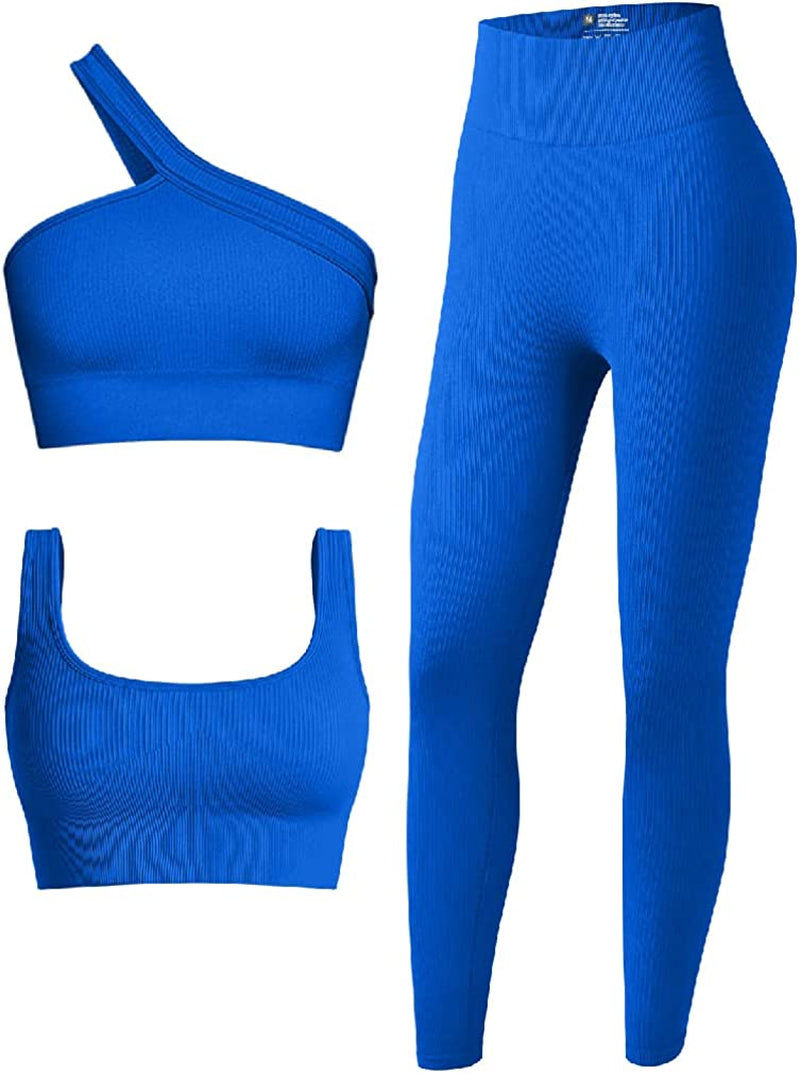 OQQ Women'S 3 Piece Outfits Ribbed Seamless Exercise Scoop Neck Sports Bra One Shoulder Tops High Waist Leggings Active Set Sporting Goods > Outdoor Recreation > Winter Sports & Activities OQQ Blue Large 