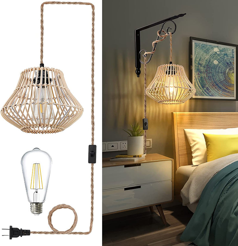 Frideko Plug in Pendant Light Fixtures 17.6Ft Hanging Lights with Plug in Cord Hemp Rope Hanging Lamp Farmhouse Plug in Chandelier Pendant Lamp for Kitchen Island Living Room Bedroom (Bulb Included) Home & Garden > Lighting > Lighting Fixtures FRIDEKO HOME White Rattan  