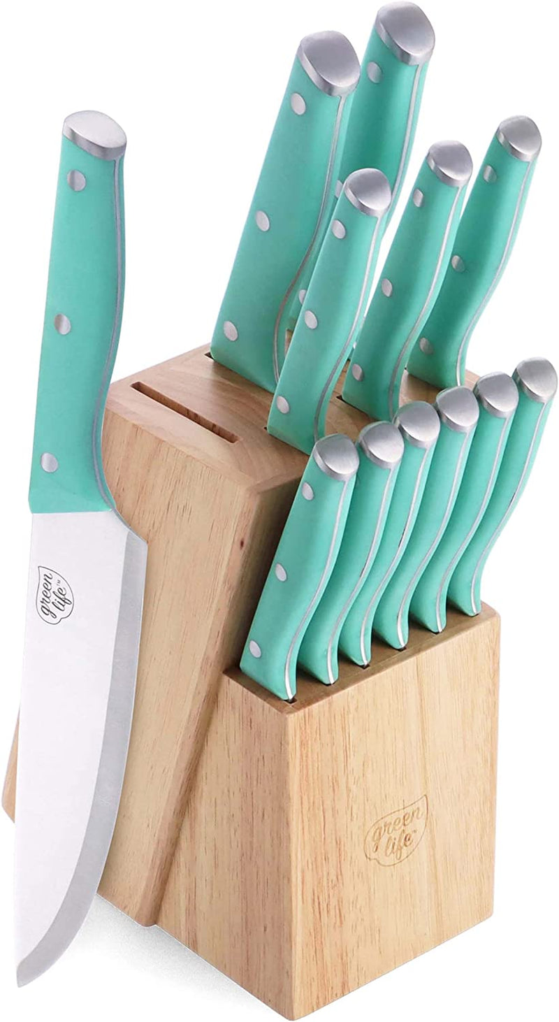 Greenlife High Carbon Stainless Steel 13 Piece Wood Knife Block Set with Chef Steak Knives and More, Comfort Grip Handles, Triple Rivet Cutlery, Soft Pink Home & Garden > Kitchen & Dining > Kitchen Tools & Utensils > Kitchen Knives GreenLife Turquoise 13 Piece Knife Block Set 