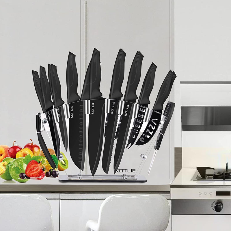 Kitchen Knife Set, KOTLIE 19-Pieces Dishwasher Safe Knife Set with Acrylic Stand, High Carbon Stainless Steel Chef Knife Set with Scissors, 6X Serrated Steak Knives, Peeler and Knife Sharpener