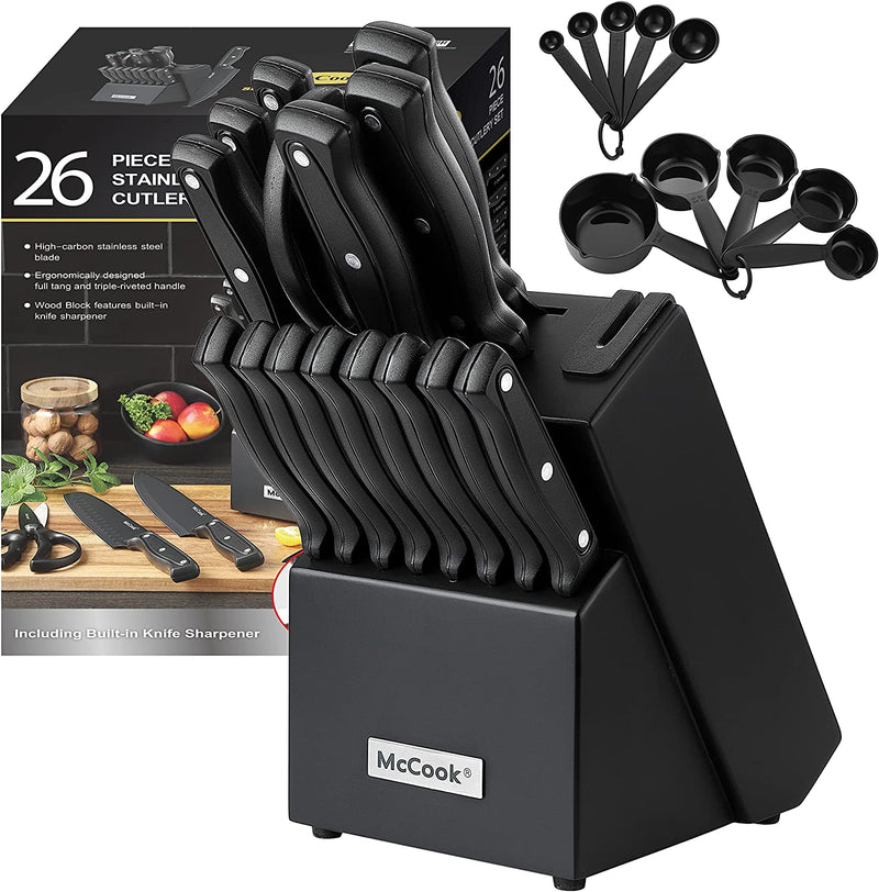 DISHWASHER SAFE MC701 Black Knife Sets of 26, Mccook Stainless Steel Kitchen Knives Block Set with Built-In Knife Sharpener,Measuring Cups and Spoons Home & Garden > Kitchen & Dining > Kitchen Tools & Utensils > Kitchen Knives McCook Black handle/black block 26 Pieces 