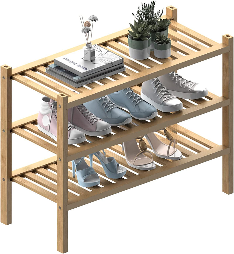ROMGUAR CRAFT 3 Tier Bamboo Shoe Rack for Entryway, Small Wood Shoe Shelf Storage Organizer for Closet, Shoe Stand for Hallway, Stackable and Sturdy 27"X12"X21" Natural Home & Garden > Household Supplies > Storage & Organization ROMGUAR CRAFT 3 tier  