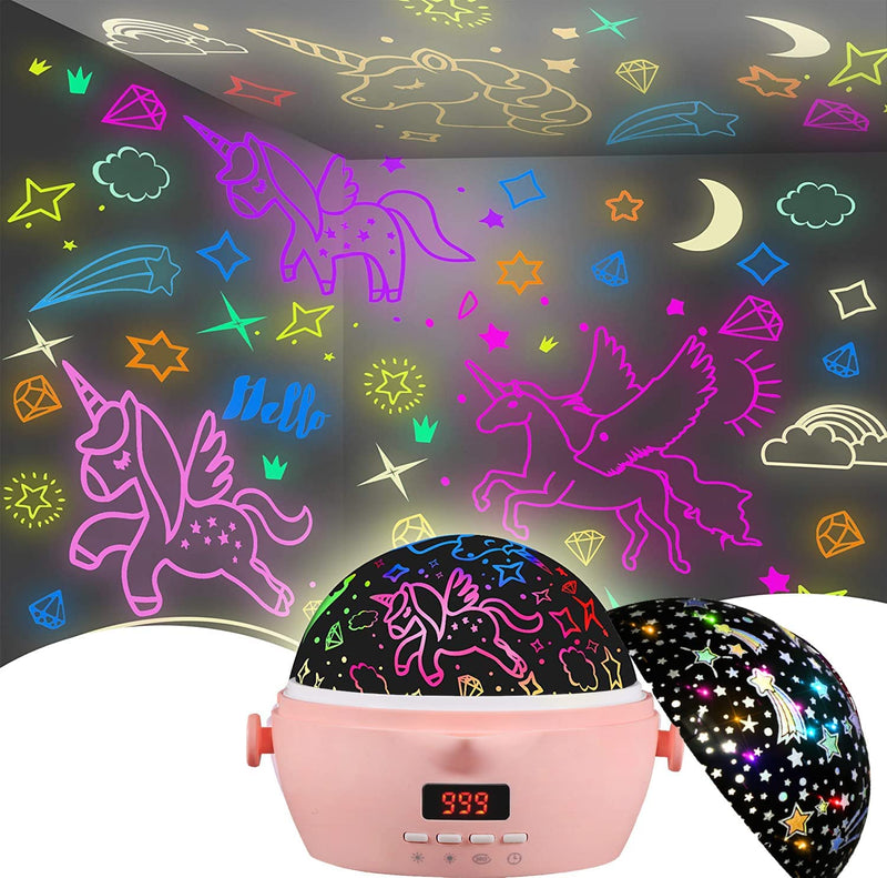 DQMOON Night Light for Kids,Projection and Night Light Mode 360° Rotation Lamp with 16 Colorful,Toddler Chidlren Nursery Room Light for Boys Girls (Timer Pink)