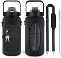 64Oz Half Gallon Water Bottle with Sleeve, Water Bottles with Time Marker/Straw, Leakproof Reusable Water Jug Easy Carry for Adult Gym Sports Outdoors (Black) Sporting Goods > Outdoor Recreation > Winter Sports & Activities futaiphy Black  