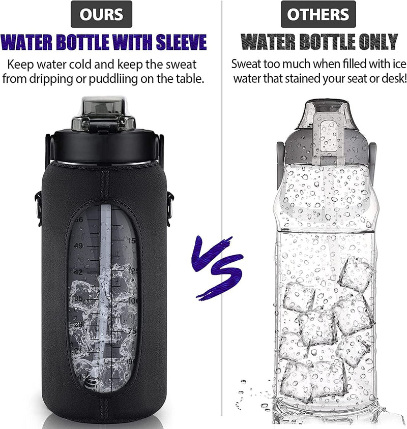 64Oz Half Gallon Water Bottle with Sleeve, Water Bottles with Time Marker/Straw, Leakproof Reusable Water Jug Easy Carry for Adult Gym Sports Outdoors (Black) Sporting Goods > Outdoor Recreation > Winter Sports & Activities futaiphy   