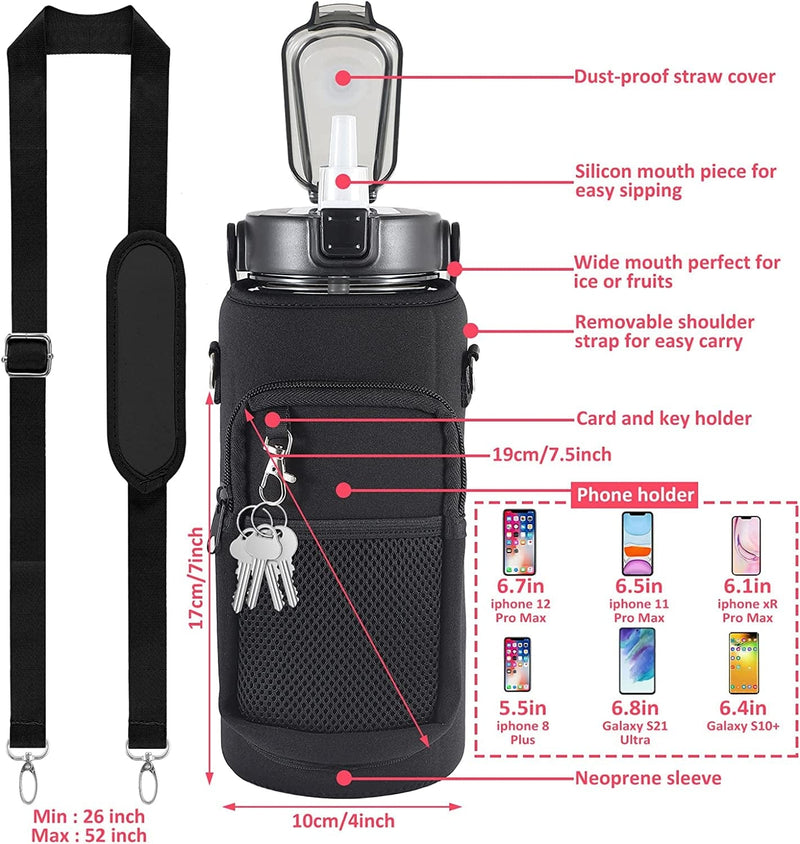 64Oz Half Gallon Water Bottle with Sleeve, Water Bottles with Time Marker/Straw, Leakproof Reusable Water Jug Easy Carry for Adult Gym Sports Outdoors (Black) Sporting Goods > Outdoor Recreation > Winter Sports & Activities futaiphy   