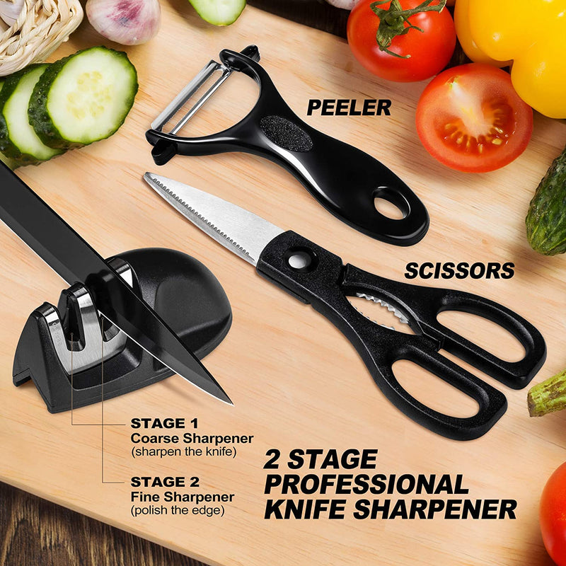 MICHELANGELO 18Pc Kitchen Knife Set with Block, Super Sharp Black Knife Set, Versatile Chef Knife Set with Knife Sharpener & Peeler, Stainless Steel Knives for Kitchen, 6 Steak Knives Included
