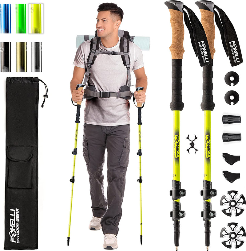 Foxelli Trekking Poles – 2-Pc Pack Collapsible Lightweight Hiking Poles, Strong Aircraft Aluminum Adjustable Walking Sticks with Natural Cork Grips and 4 Season All Terrain Accessories Sporting Goods > Outdoor Recreation > Winter Sports & Activities Foxelli Yellow  