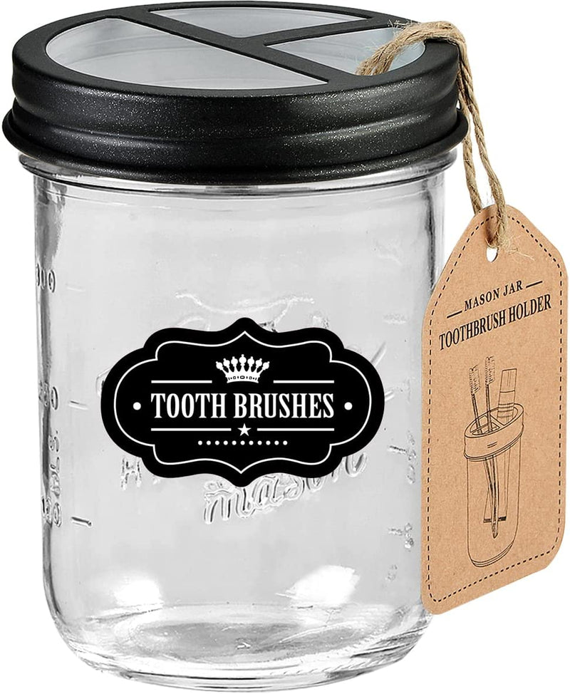 Mason Jar Toothbrush Holder -Bronze - with 16 Ounce Mason Jar,Premium Rustproof 304 Stainless Steel Lid and Chalkboard Labels - Rustic Farmhouse Decor Black Bathroom Accessories Sporting Goods > Outdoor Recreation > Winter Sports & Activities Andrew & Sarah's Boutique Black Wide Mouth 