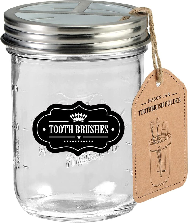 Mason Jar Toothbrush Holder -Bronze - with 16 Ounce Mason Jar,Premium Rustproof 304 Stainless Steel Lid and Chalkboard Labels - Rustic Farmhouse Decor Black Bathroom Accessories Sporting Goods > Outdoor Recreation > Winter Sports & Activities Andrew & Sarah's Boutique Silver Wide Mouth 